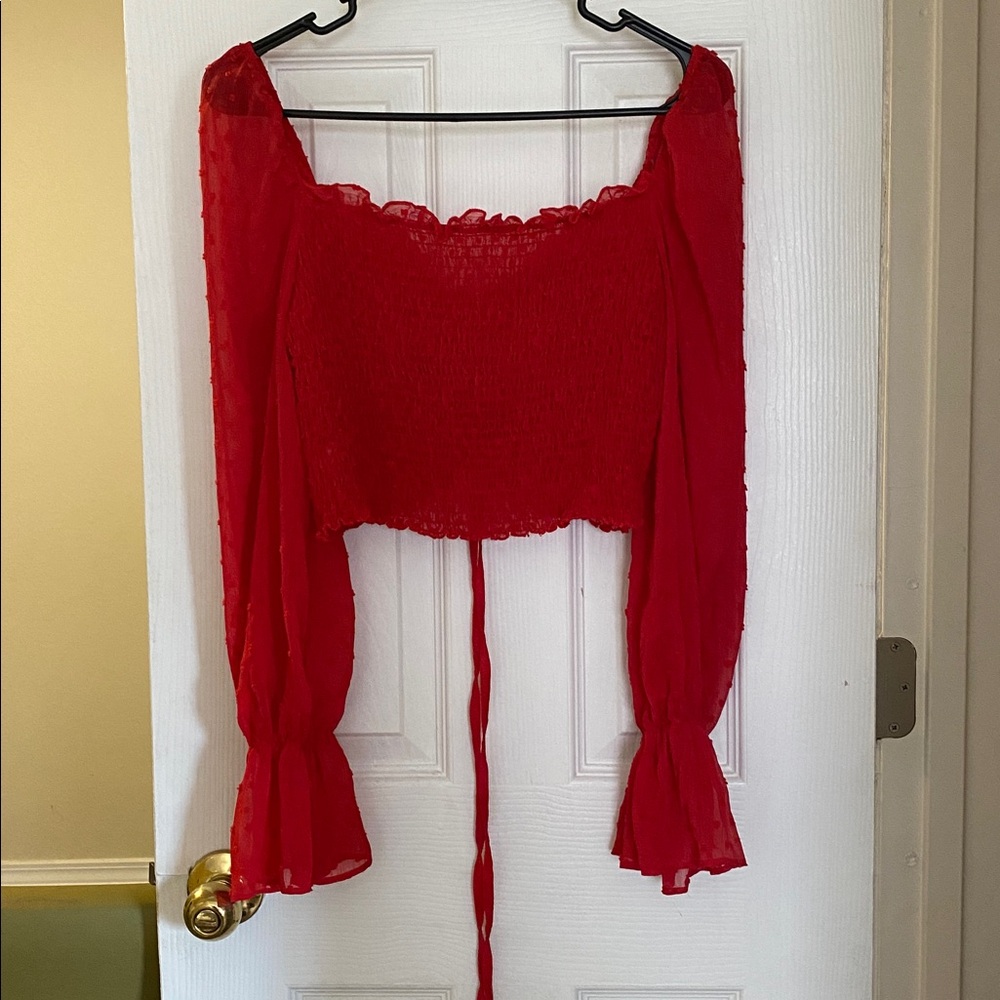 Romantic Red Ruched Sheer Sleeve Tie up Crop Top Blouse - Picture 8 of 12